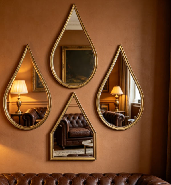 Teardrop Metal Hanging Mirrors — Vintage Rusty Gold 4 Piece Set